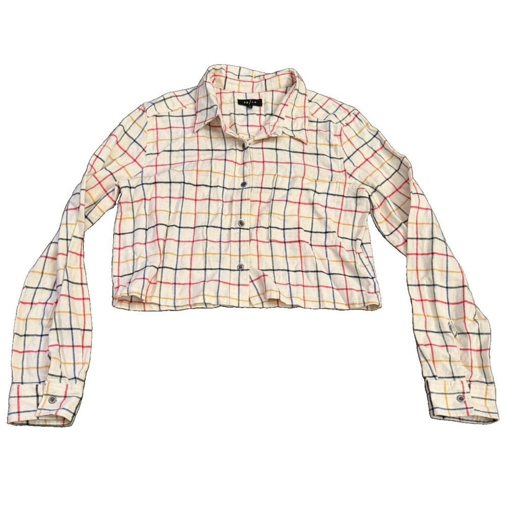 PS LA PacSun Plaid Flannel Shirt Women's M Cream Multicolor Windowpane Button Up
